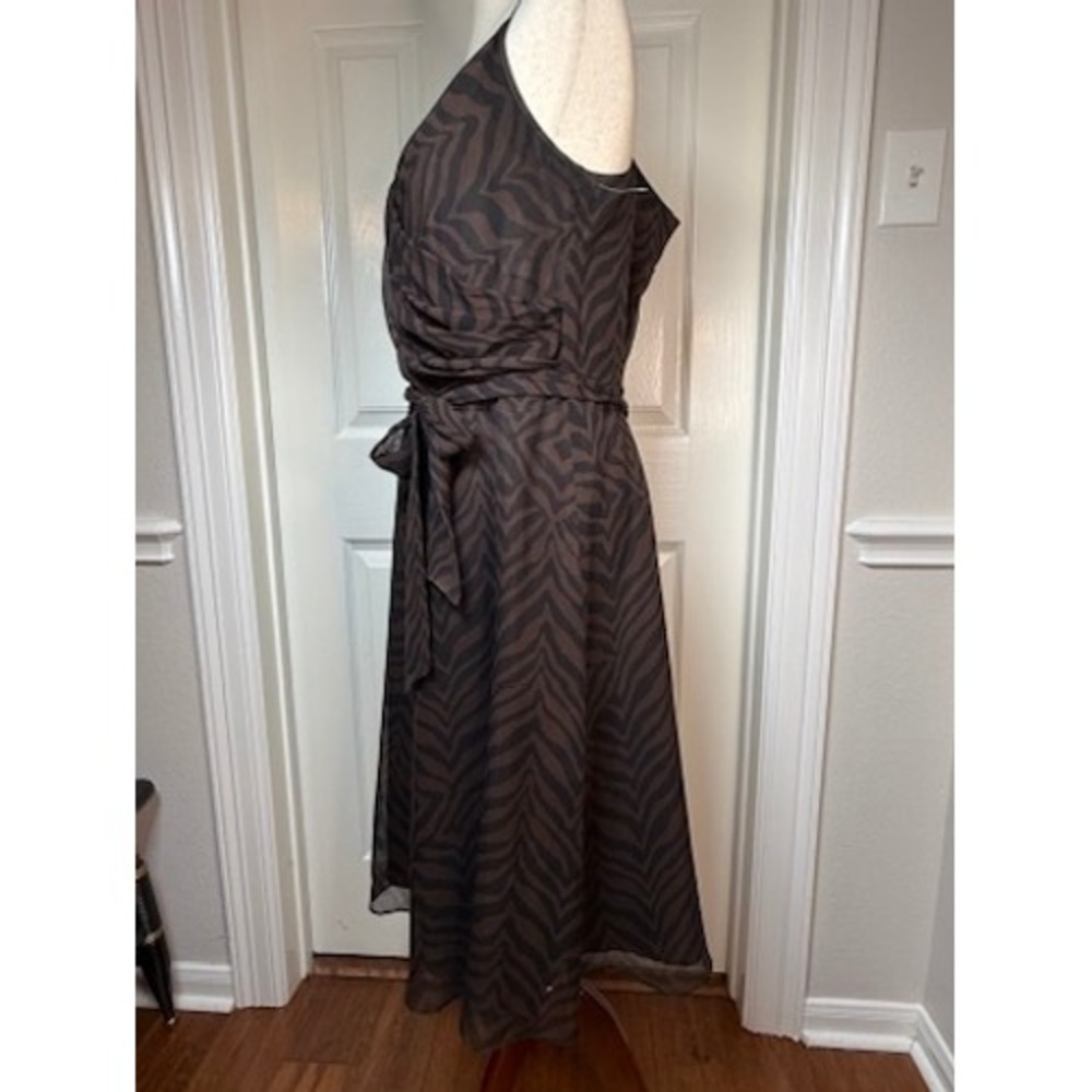 Vintage Talbots Silk Zebra Print Midi Dress Brown Black Wrap Tie Waist Size 14 - Picture 4 of 8